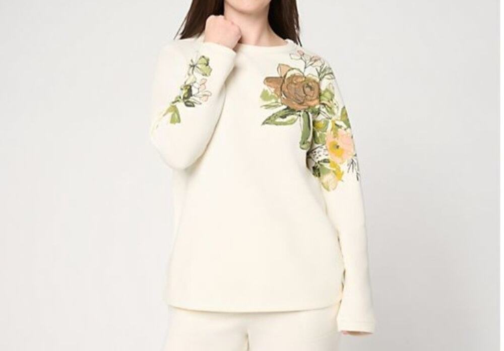 Susan Graver Size XL Cream Cloudsoft Fleece Floral Top A714024 NWOT